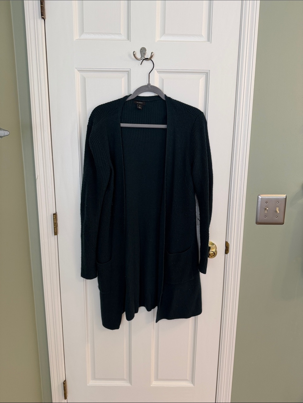 Halogen Long Open-Front Forest Green Ribbed Cardigan